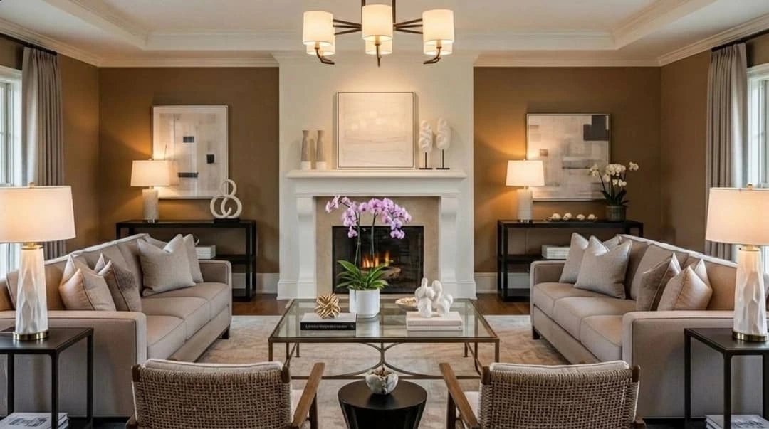 reimagine-home output sample showing an elegant living room with warm neutral tones and modern furniture.