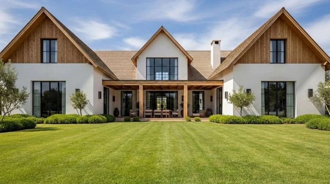 reimagine-home architectural visualization showing a modern farmhouse exterior with a lush green lawn, representing a perfectly designed home.