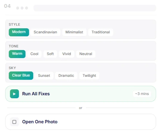 reimagine-home interface showing controls for selecting style, tone, and sky filters with a clean, modern light-themed aesthetic.