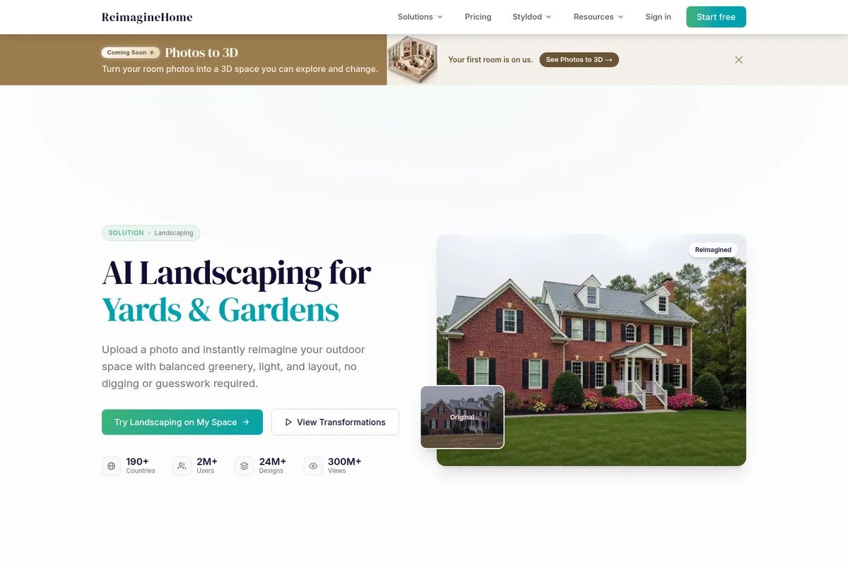 ReimagineHome AI landscaping feature page showcasing a stunning before-and-after garden transformation.