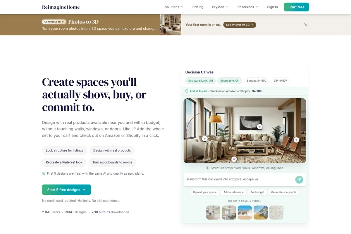 ReimagineHome workspace showing AI-powered interior design canvas with a photorealistic room render and clean interface.