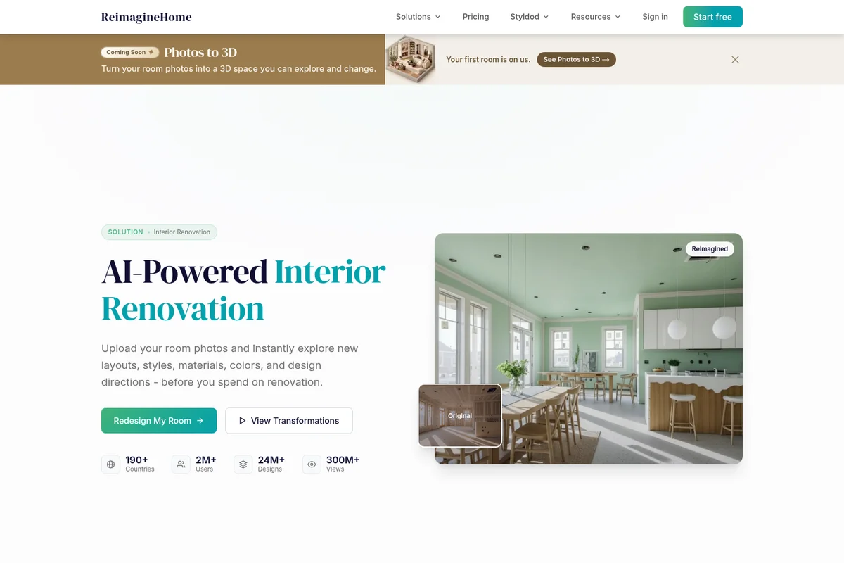 ReimagineHome landing page showcasing AI-powered interior renovation with a before-and-after room transformation and a clean user interface.