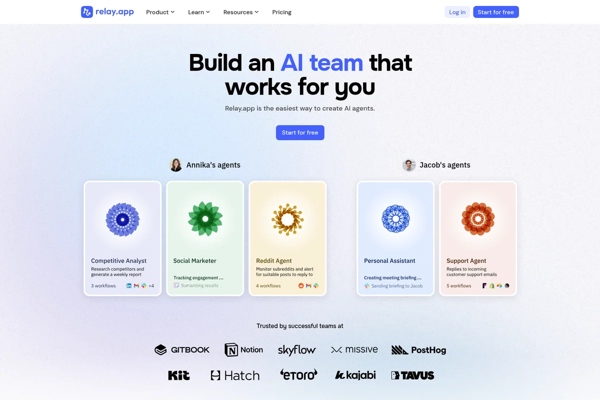 Relay.app homepage showcasing the value proposition 'Build an AI team' and five specialized AI agent cards with a modern, clean UI.