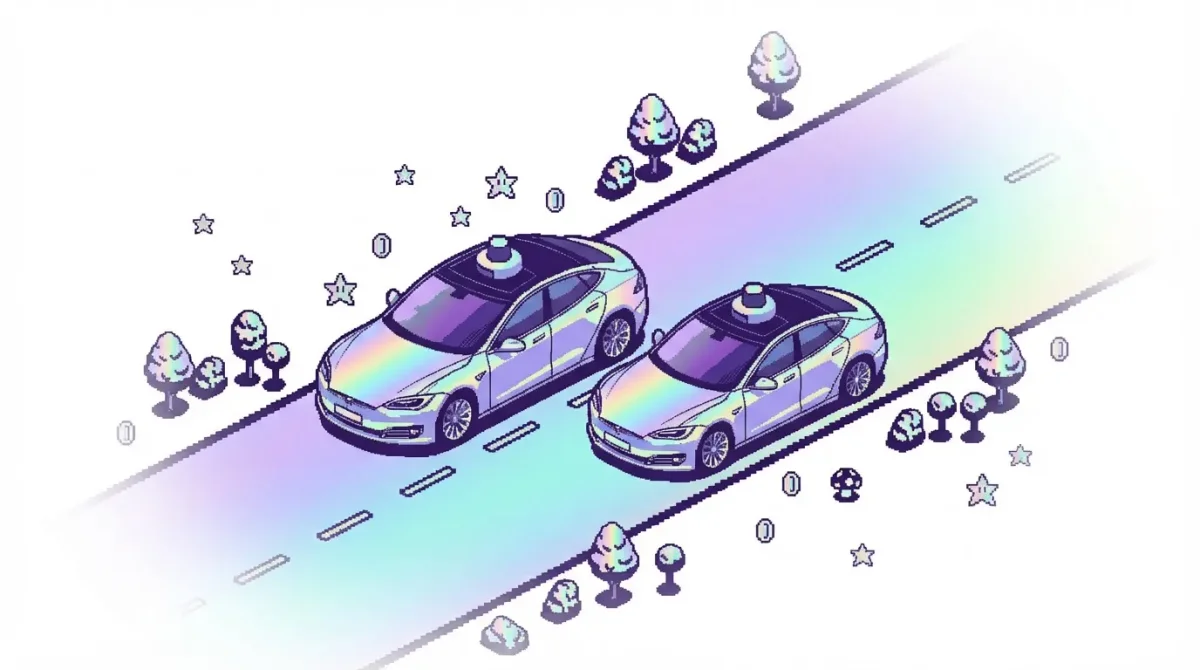 Relevance AI marketing illustration showing two self-driving cars on a holographic road in a pixel art style.