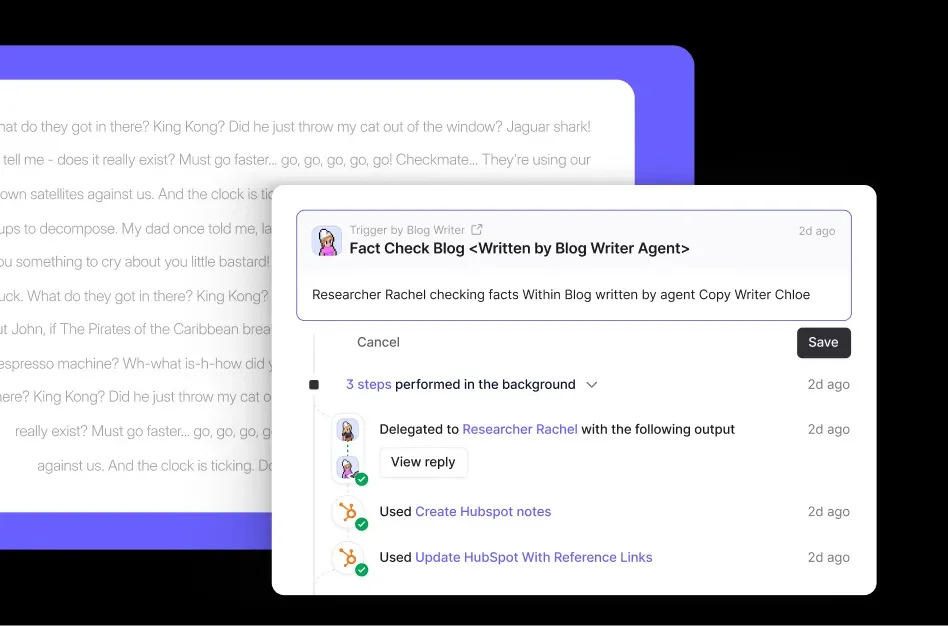 Relevance AI workflow log detailing an AI agent fact-checking a blog, showing delegated research and HubSpot integration in a modern UI.