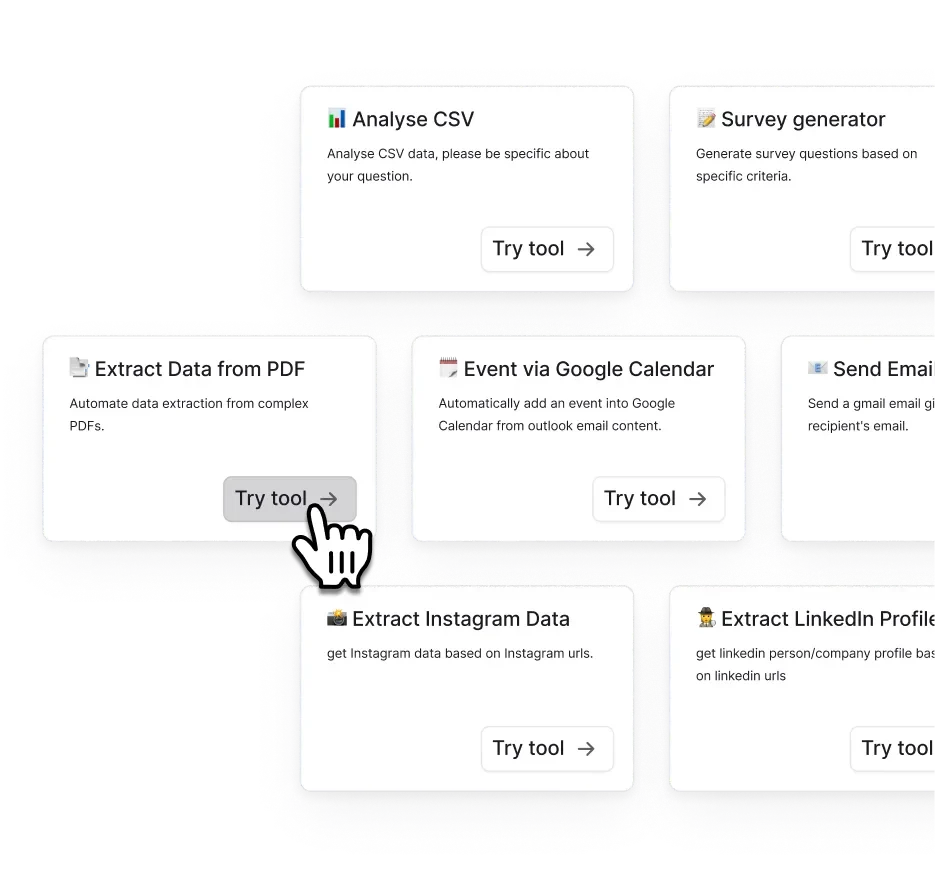 Relevance-AI workspace showing a gallery of available AI tools like 'Extract Data from PDF' and 'Analyse CSV' with a clean, card-based interface.