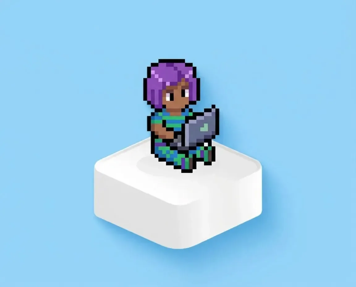 Relevance AI pixel art character using a laptop on a white keycap with a light blue background.