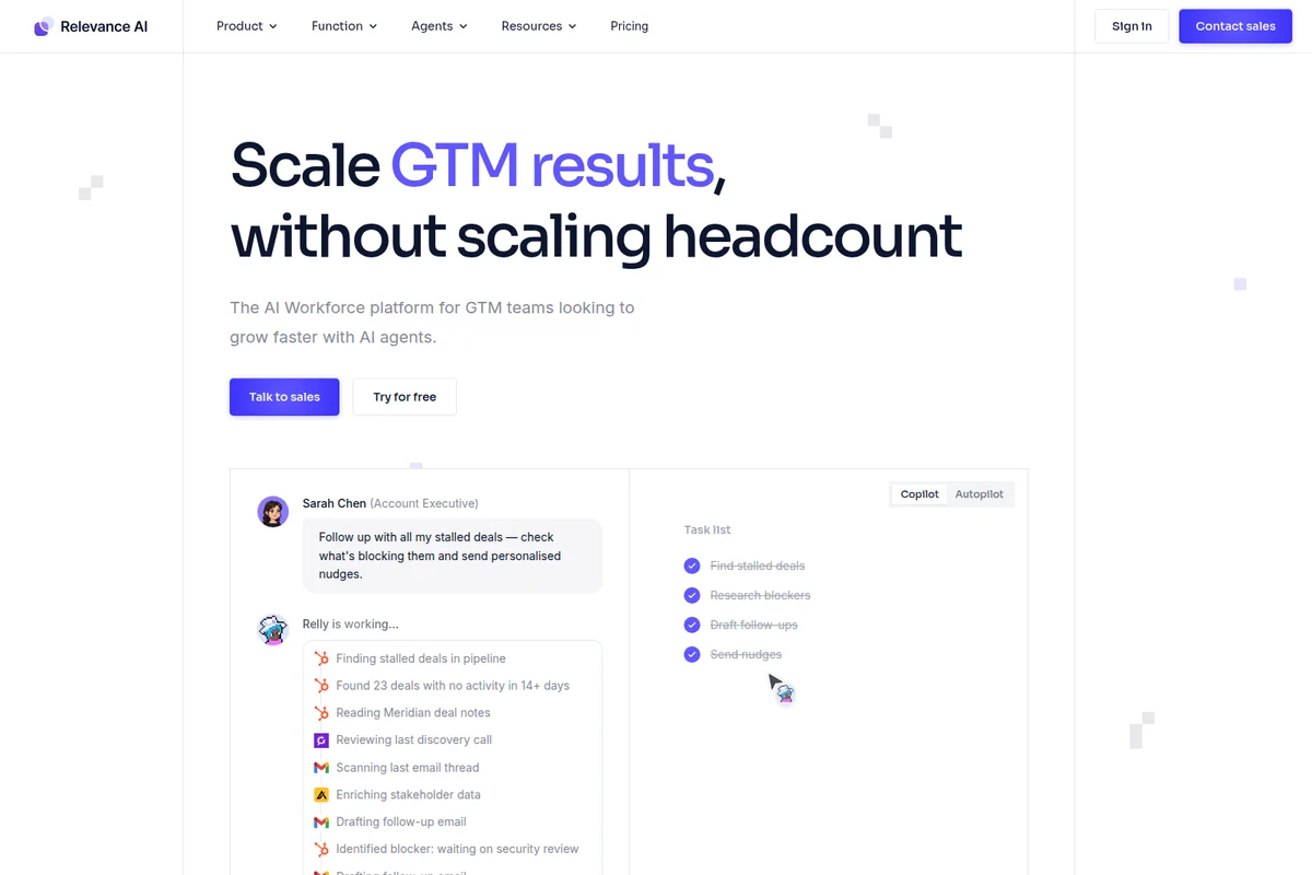 Relevance AI workspace showing an AI agent automating GTM tasks for sales professionals with a clean light-themed interface.
