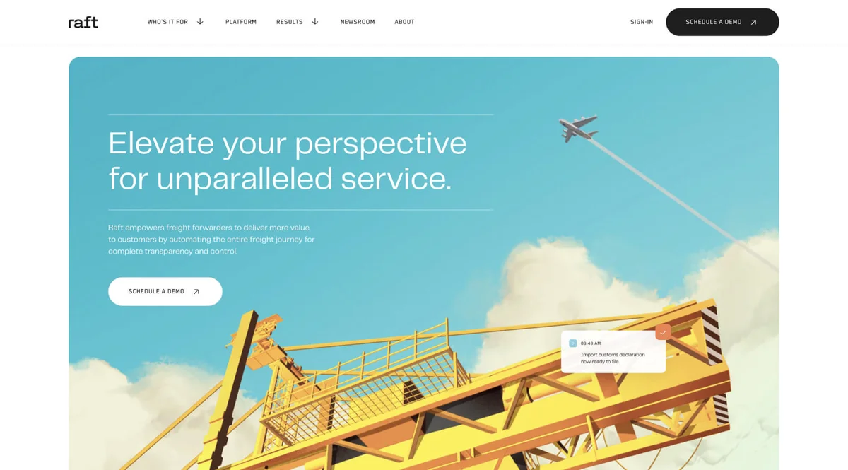 Raft landing page hero illustrating freight forwarding and logistics automation with a stylized sky scene featuring an airplane and harbor crane, alongside a UI notification.