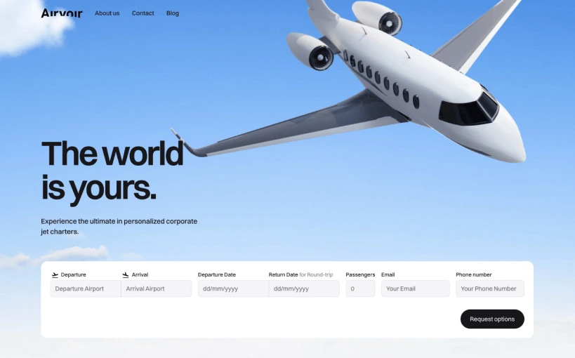 Relume landing page design featuring a private jet charter request form with a modern and aspirational UI.