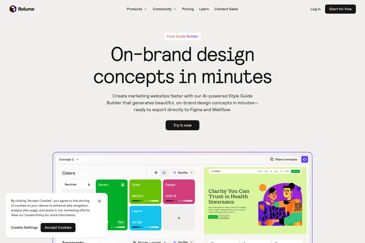 Relume Style Guide Builder workspace showing AI-powered design concept generation with a clean, modern interface.