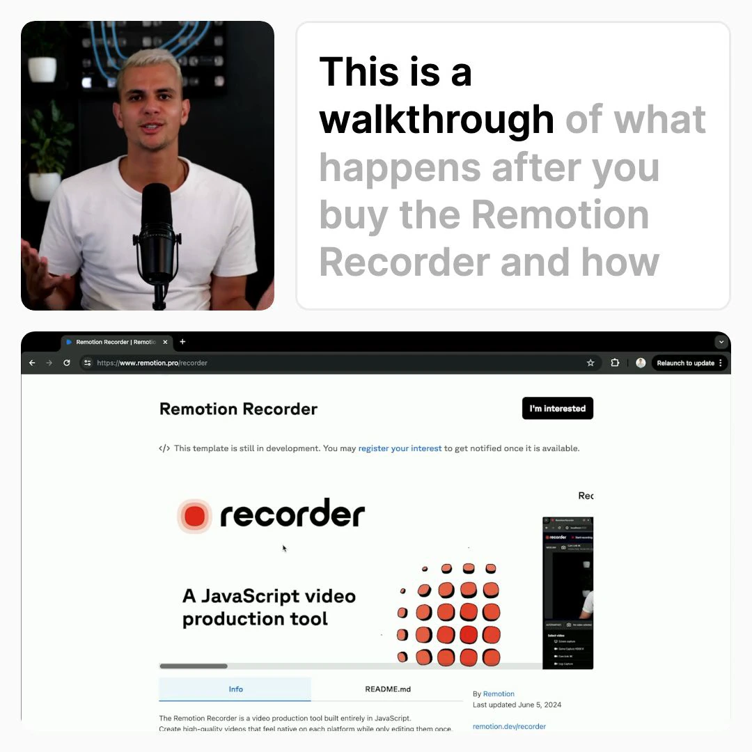Remotion Recorder product walkthrough showing the official page for the JavaScript video production tool with a presenter and descriptive text.
