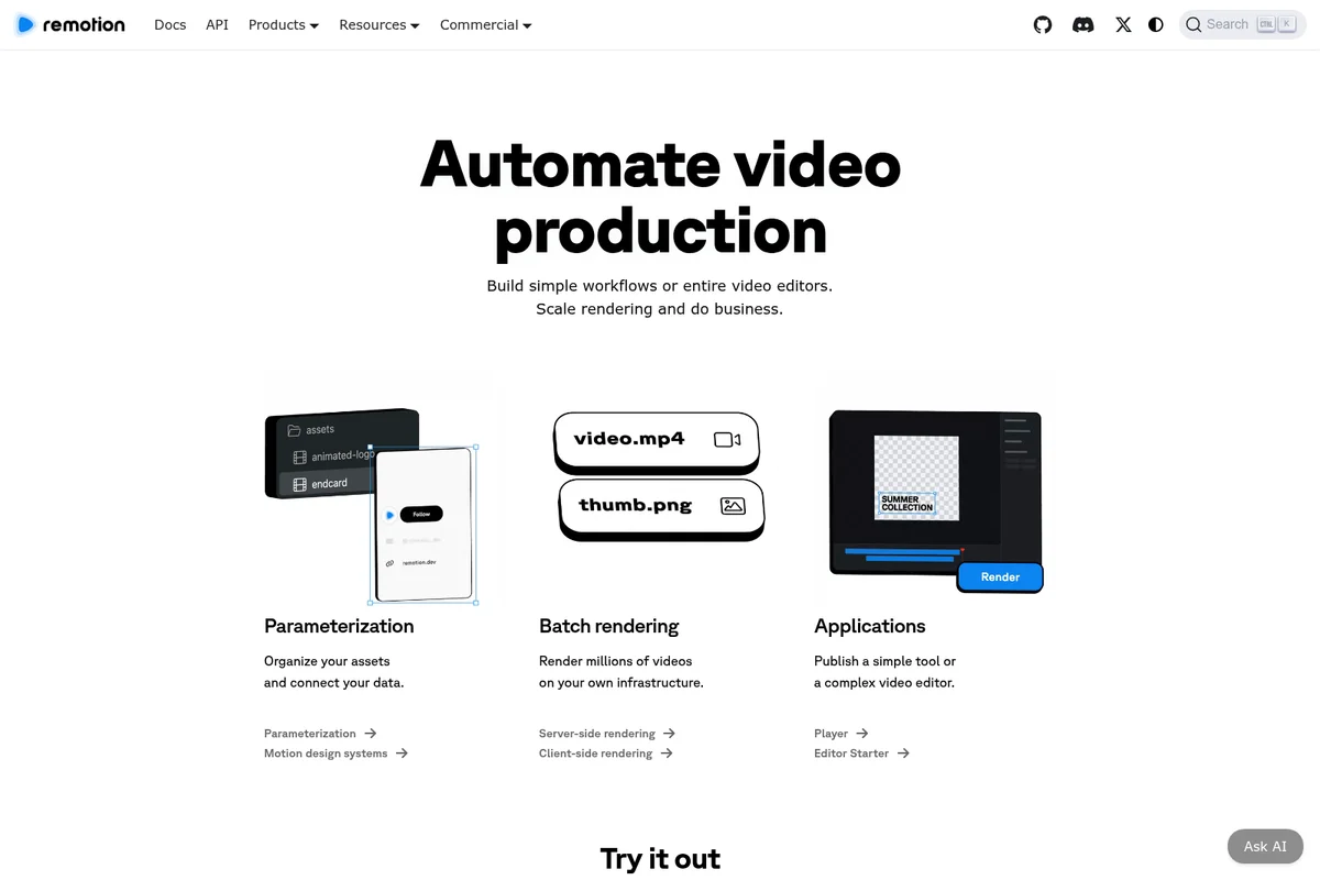 Remotion feature showcase illustrating automated video production through parameterization, batch rendering, and custom applications with a clean, modern design.