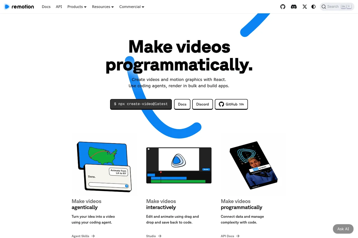 Remotion landing page hero showing how to make videos programmatically, interactively, and agentically with a clean, modern interface.