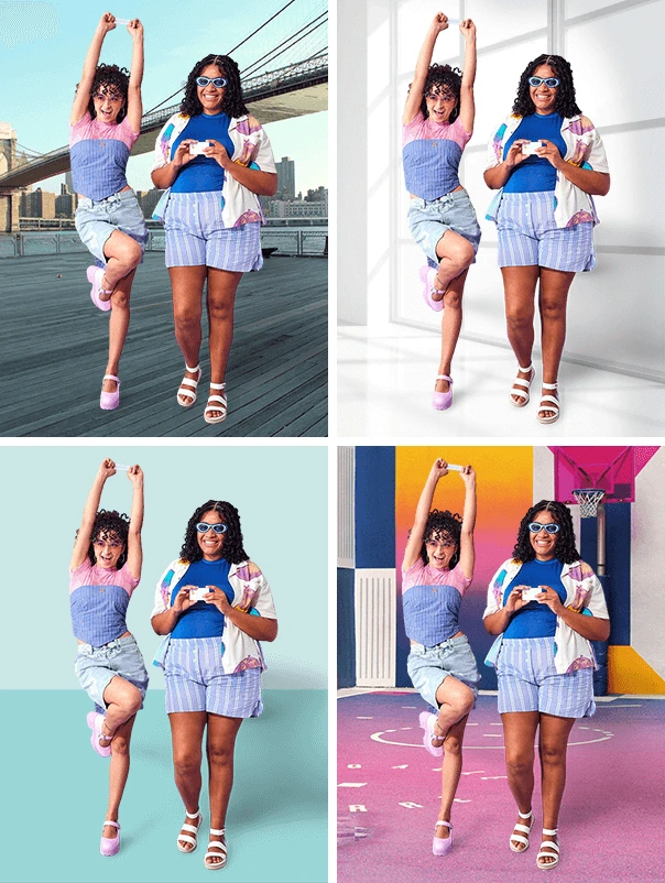 remove-bg output samples showing two people with their backgrounds replaced with diverse scenes, demonstrating clear transformations.