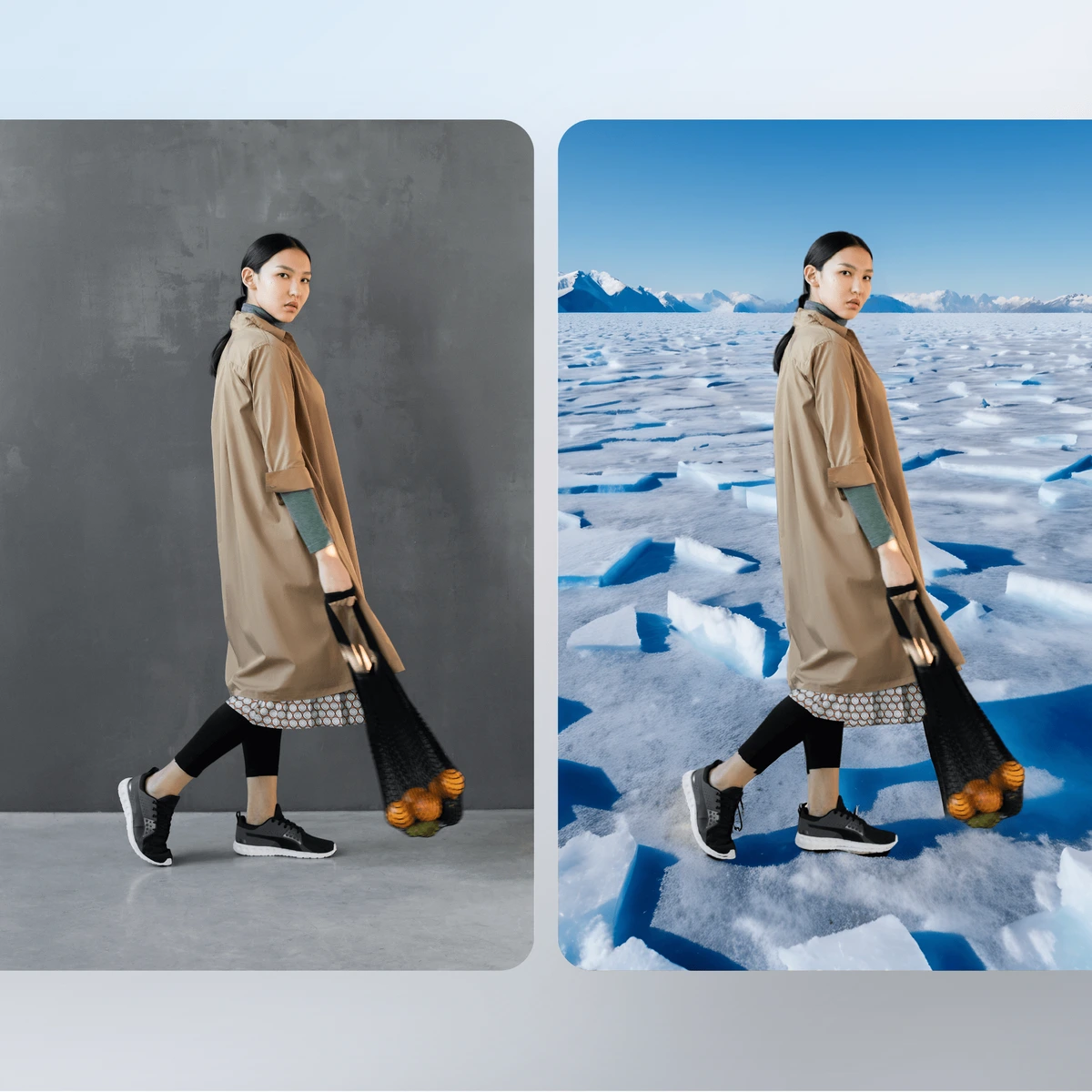 Remove-bg output sample showing a woman's background transformed from a plain wall to an arctic landscape with clean edge detection.