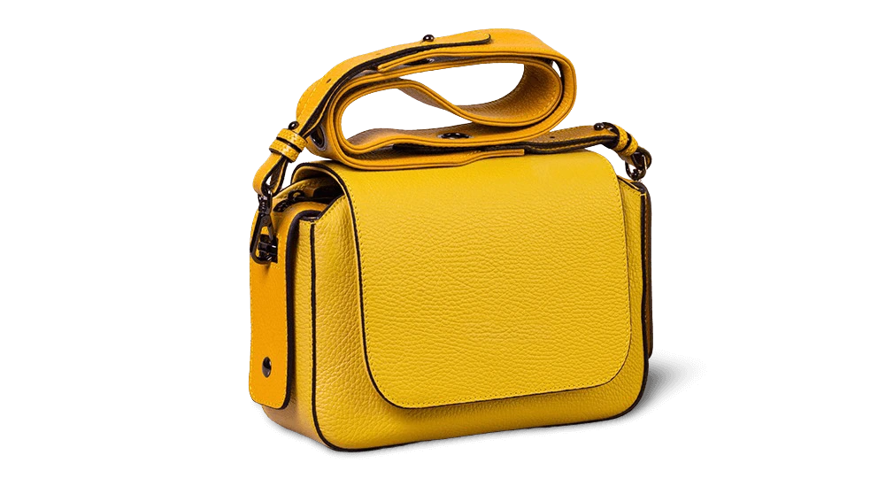 remove-bg output-sample showing a vibrant yellow leather handbag with its background perfectly removed, demonstrating clean image extraction.
