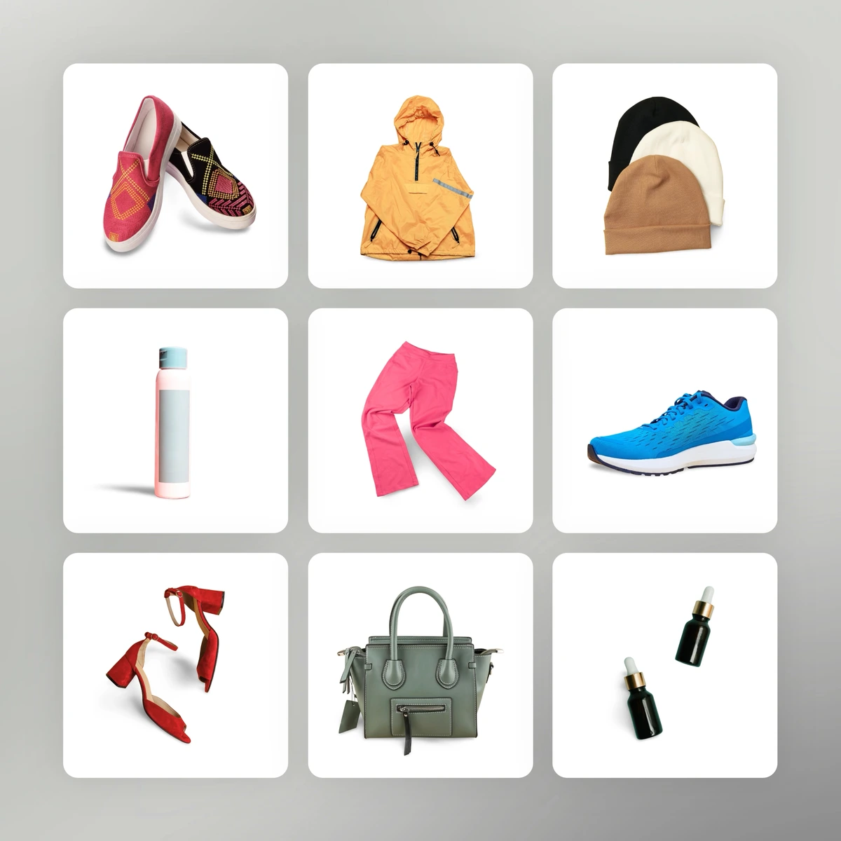 Remove-bg output samples showing various products including shoes, apparel, and bottles with clean, removed backgrounds.