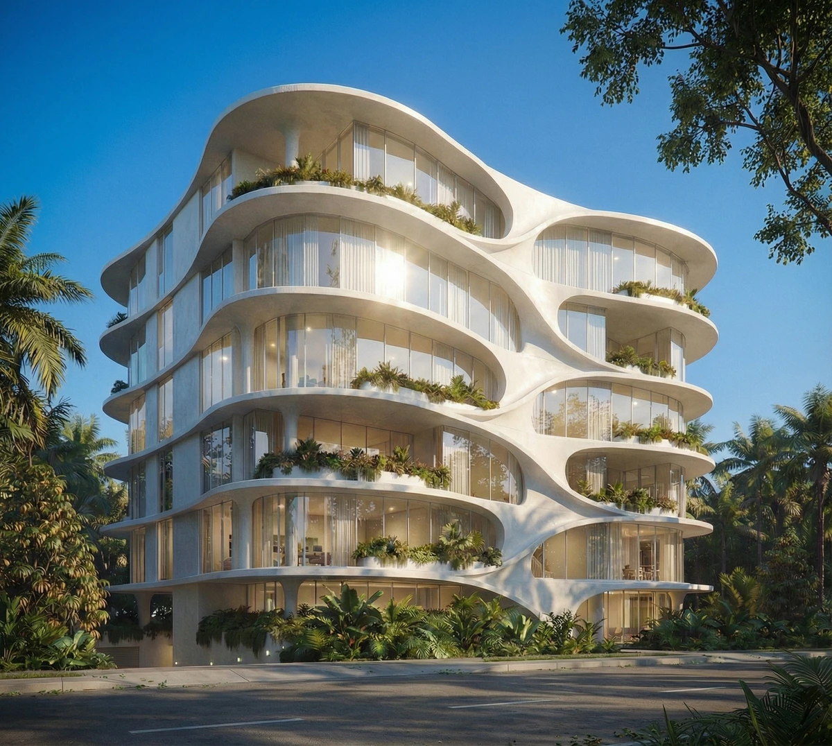 Rendair architectural render showing a modern curvilinear building with lush tropical landscaping and a bright sky.