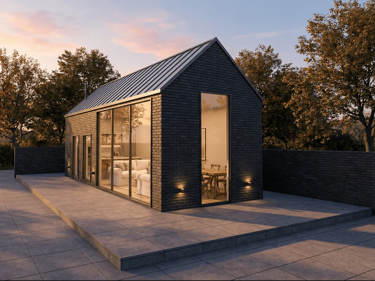 Rendair architectural rendering showing a modern dark brick house with large glass windows and inviting interior lighting at sunset.