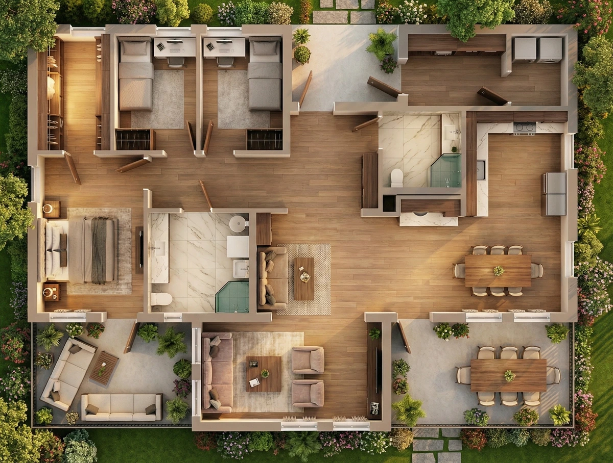 Rendair architectural rendering showcasing a detailed modern house floor plan with furnished interiors and landscaped outdoor spaces.