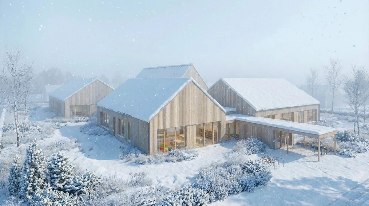 Rendair output sample showing modern barn-style buildings in a heavy snowfall with natural landscaping.