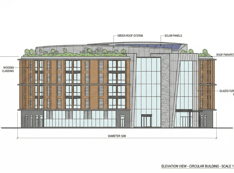 Rendair architectural rendering showing a circular building elevation with wooden cladding, green roof, and solar panels.