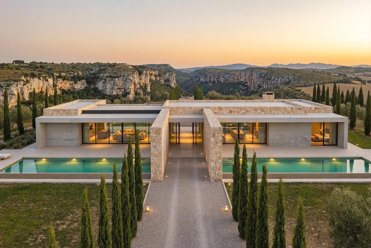 Rendair architectural rendering output showcasing a modern luxury villa with infinity pools at sunset, in a highly photorealistic style.