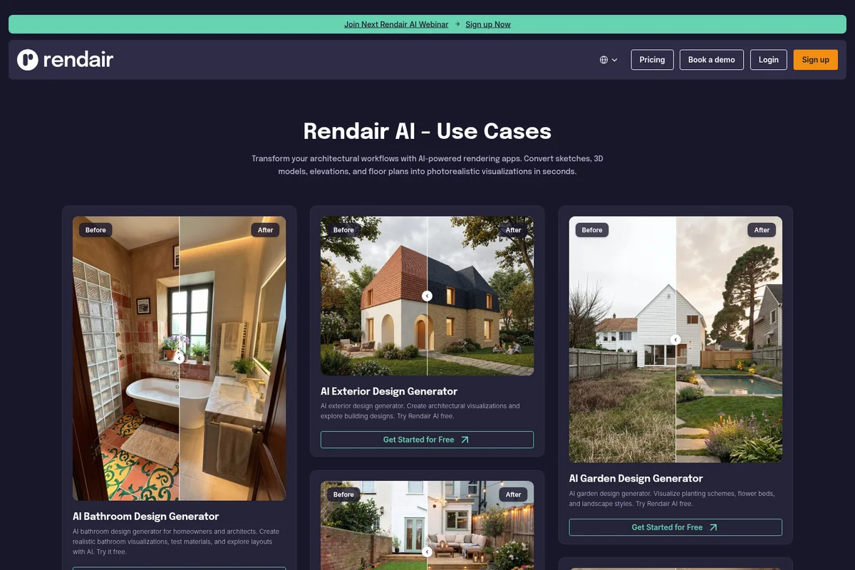 Rendair AI Use Cases page demonstrating AI architectural rendering transformations with before/after visuals in a dark UI.