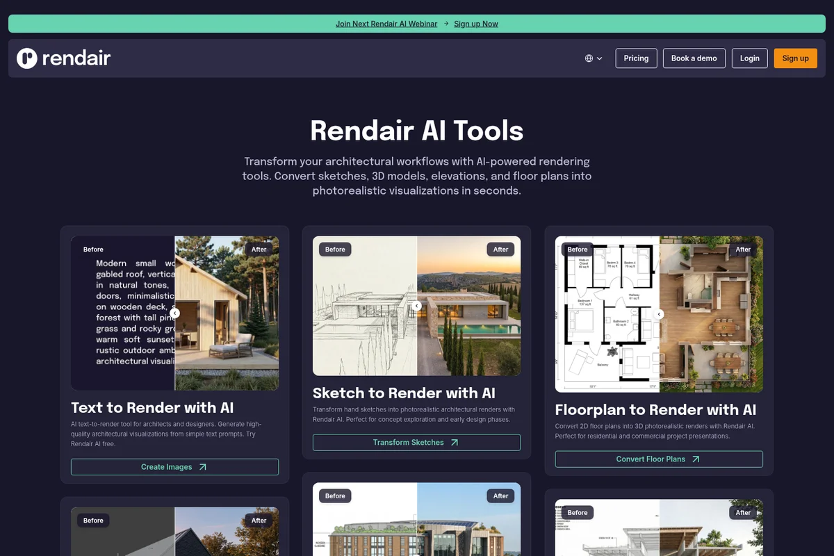 Rendair AI Tools page showing architectural renderings from text, sketches, and floor plans with a modern dark-mode interface.