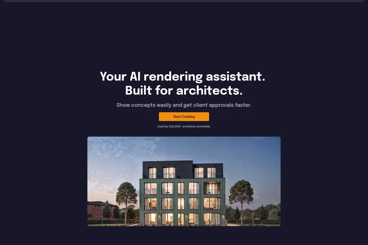 Rendair homepage hero showcasing AI rendering capabilities with a photorealistic modern apartment building in a dark theme.