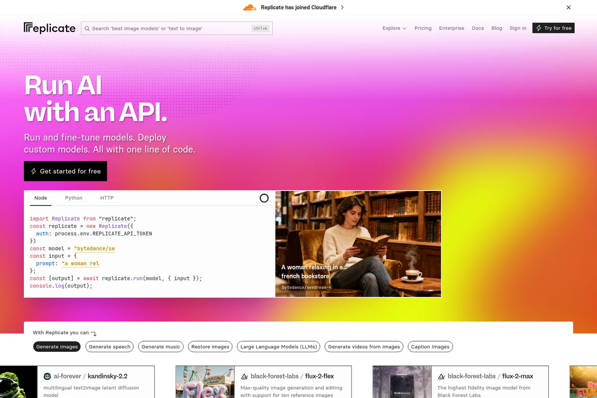 Replicate homepage hero demonstrating AI model deployment via API code and an AI-generated image output.