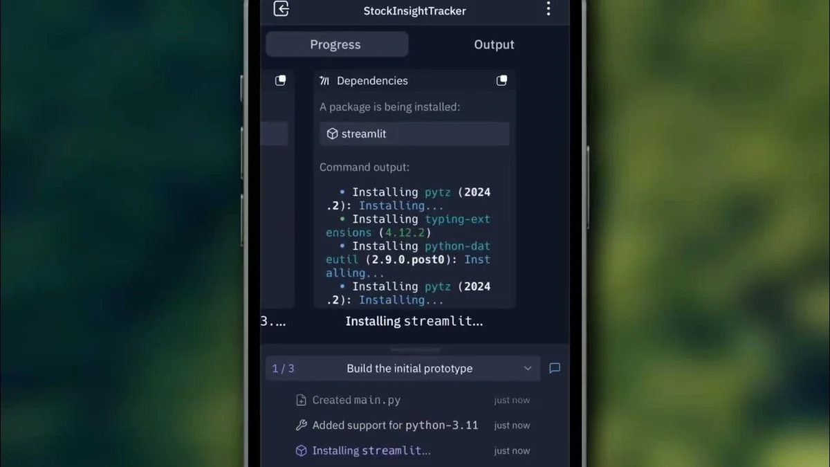Replit workspace showing installation of the 'streamlit' package with real-time command output and a project activity log in a dark-mode UI.