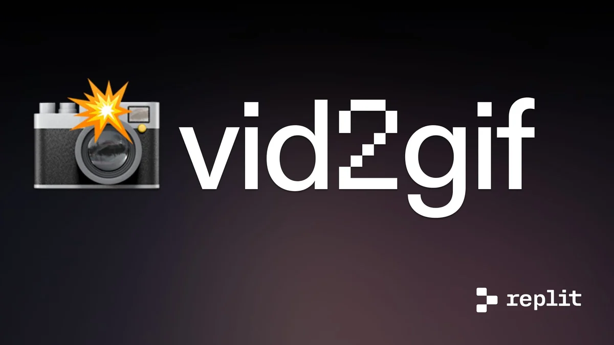 Replit 'vid2gif' tool introduction showcasing a camera icon with a flash and stylized pixelated text on a sleek, dark gradient background.