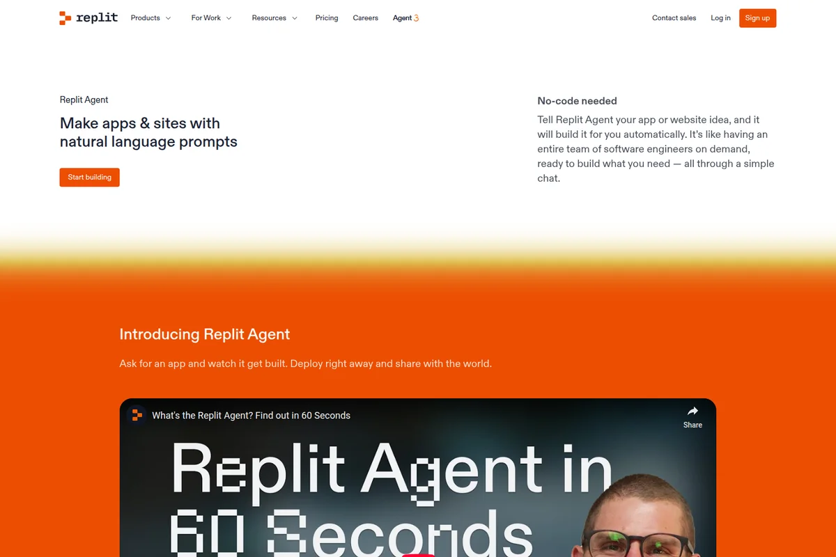 Replit Agent landing page hero introducing natural language app creation with a vibrant orange and white marketing layout.