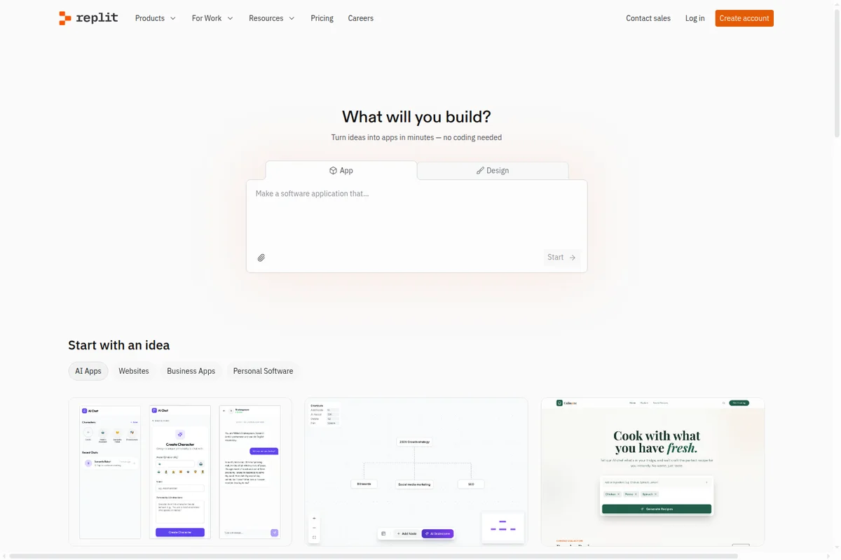 Replit homepage showcasing the AI-powered app creation feature with a prompt input and examples of generated applications.