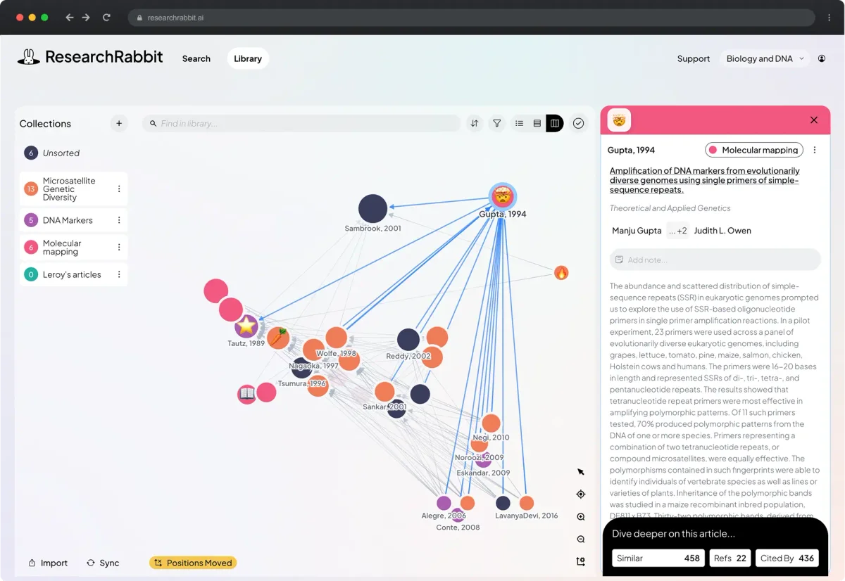 ResearchRabbit workspace UI showing a visual network of research papers and detailed article information in a clean interface.