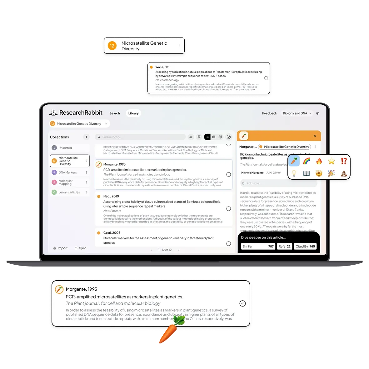 ResearchRabbit workspace UI showing research paper collections and a detailed reference panel with a clean, modern interface.