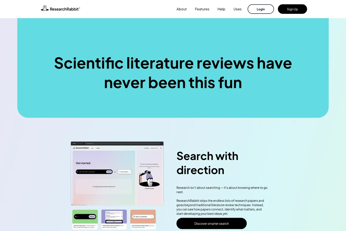 ResearchRabbit features page demonstrating scientific literature search with an embedded product UI in a clean light theme.