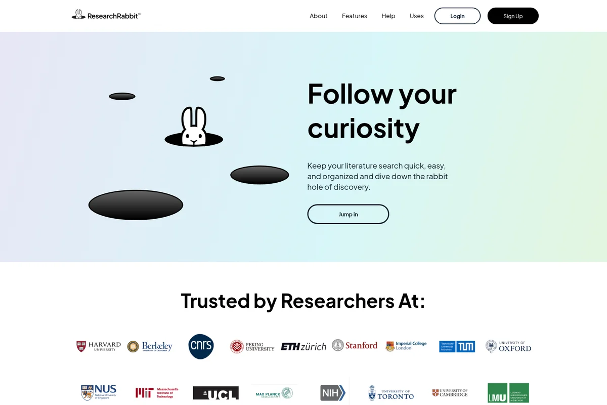 ResearchRabbit homepage hero shows a rabbit peeking from a hole, symbolizing deep literature discovery, with university logos.