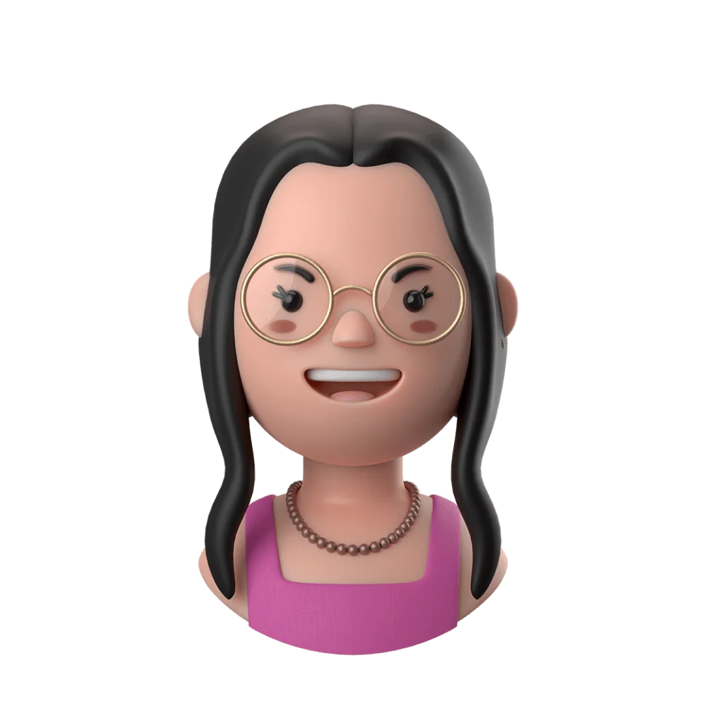 Resemble AI generated 3D avatar showing a smiling AI persona with dark hair and glasses in a modern style.