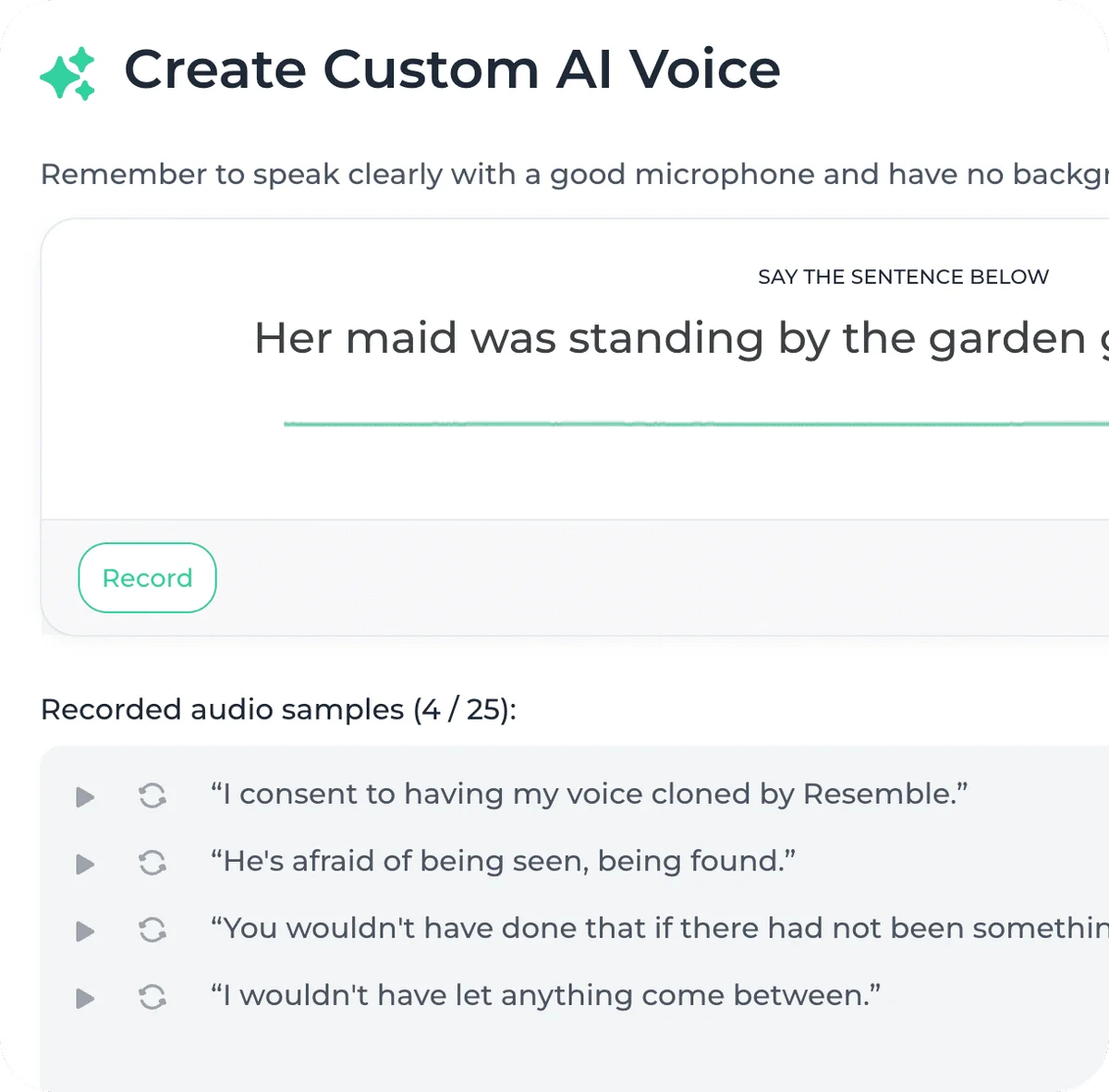 Resemble AI workspace showing voice recording for custom AI voice creation with a clean, light-themed interface.