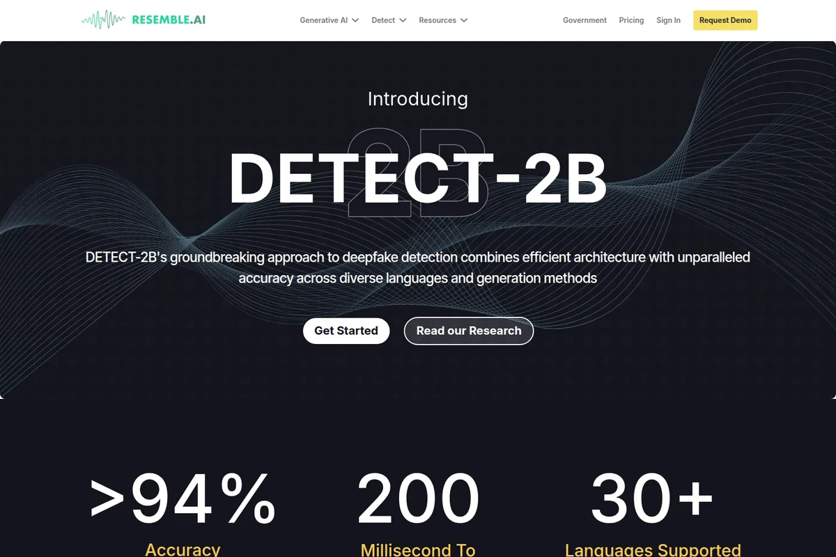 Resemble AI DETECT-2B landing page hero section showcasing groundbreaking deepfake detection with high accuracy and speed on a dark, wavy background.