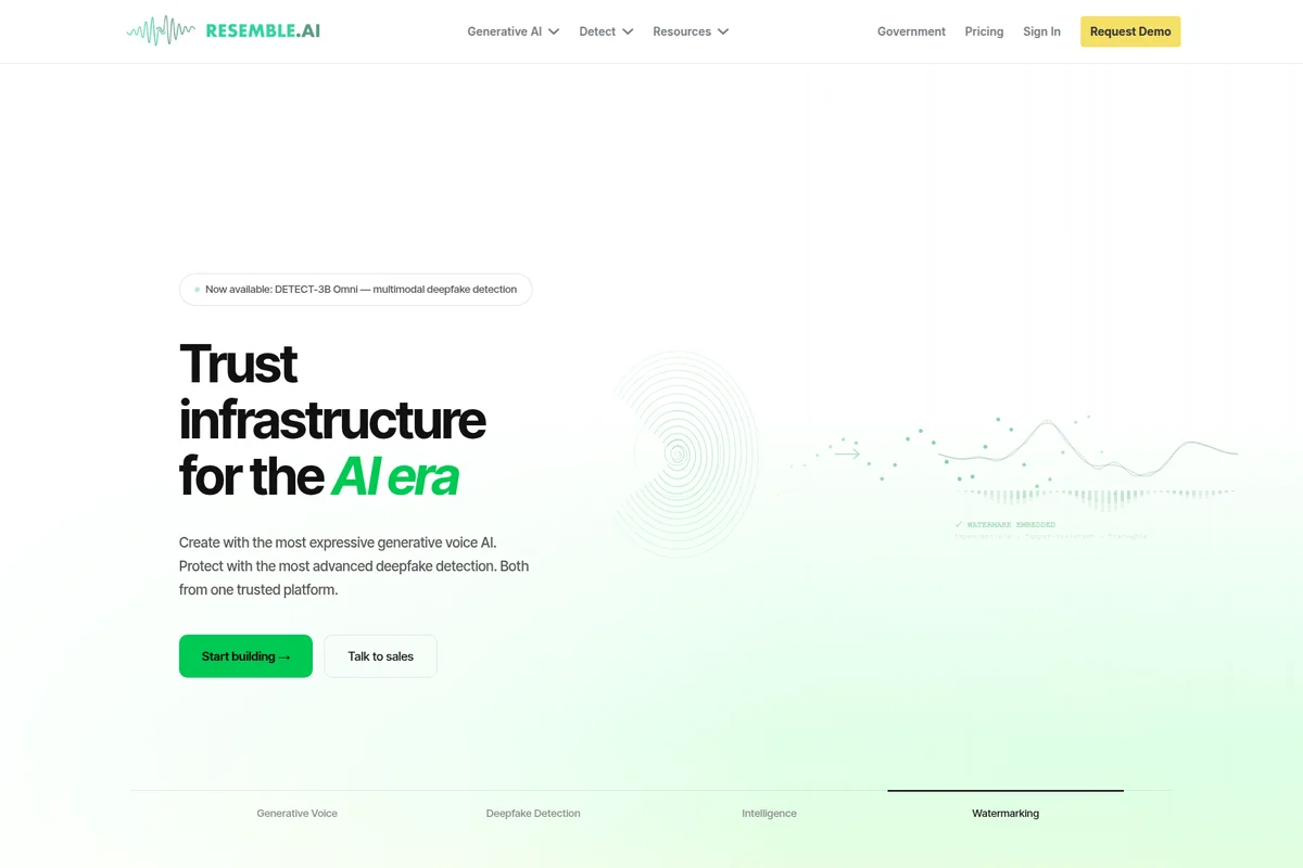 Resemble.AI homepage hero section promoting generative voice AI and deepfake detection with a clean, modern design and abstract green graphics.
