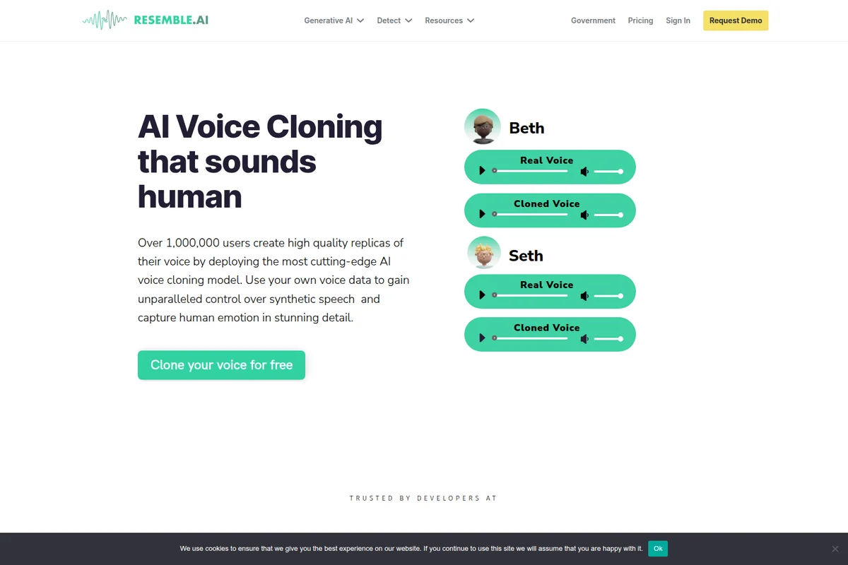 Resemble AI product page demonstrating real and AI-cloned voices for Beth and Seth with an interactive, clean interface.