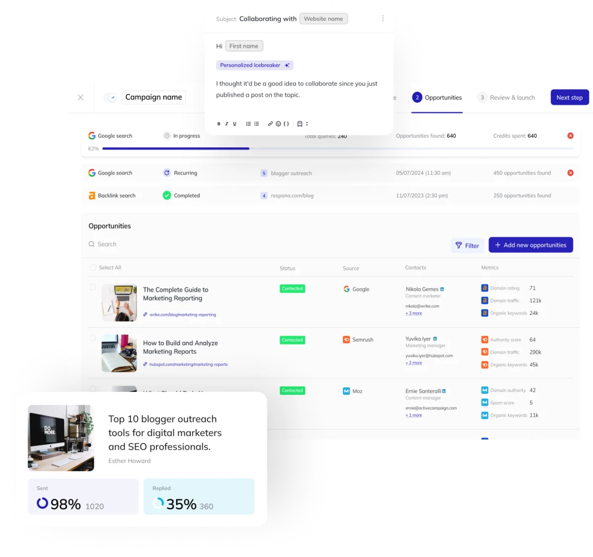 Respona campaign management dashboard showing outreach email composition, opportunity tracking, and campaign performance metrics.