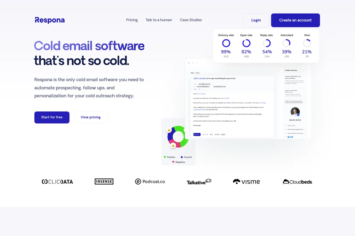 Respona landing page hero showcasing cold email software features, success metrics, and a clean UI.