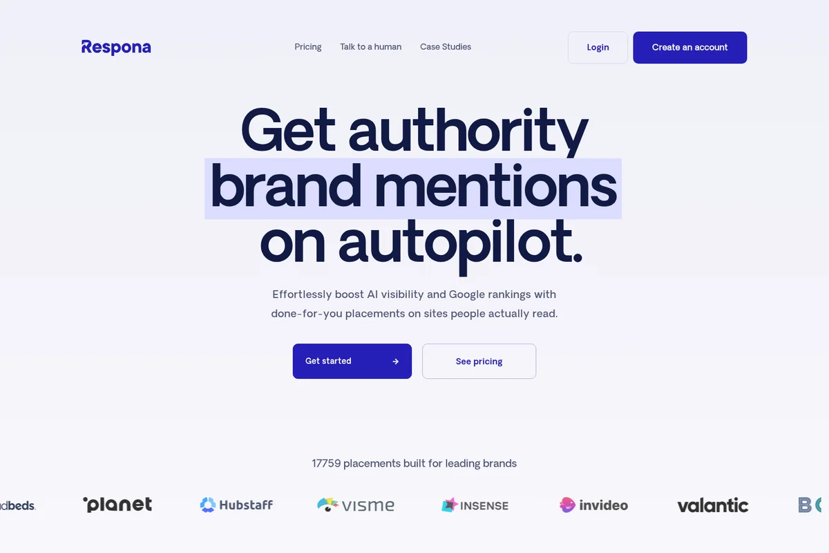 Respona homepage hero section showing the headline 'Get authority brand mentions on autopilot' with a clean, modern design.
