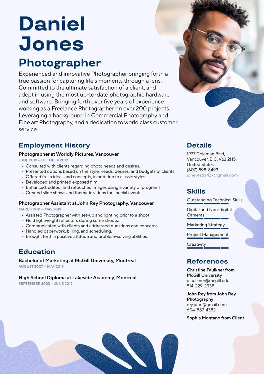 Resume-io output sample showing a modern photographer's resume with a professional headshot and clear sections.