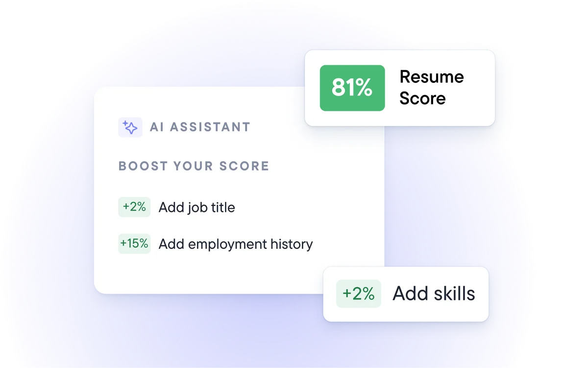 Resume-io AI Assistant showing resume score (81%) and suggestions to boost it by adding job title, employment history, and skills.